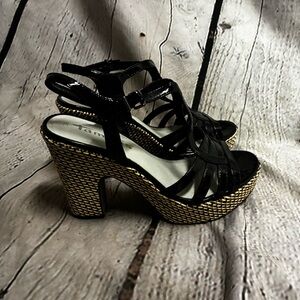 Tamaris‎ Women’s Black Patent Strappy Platform Block Heeled Sandals Sz 38 GUC